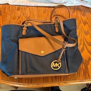 Michael Kors Navy and Brown Leather-Trim Tote with MK Charm